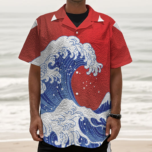 Red Sun Japanese Wave Print Textured Short Sleeve Shirt