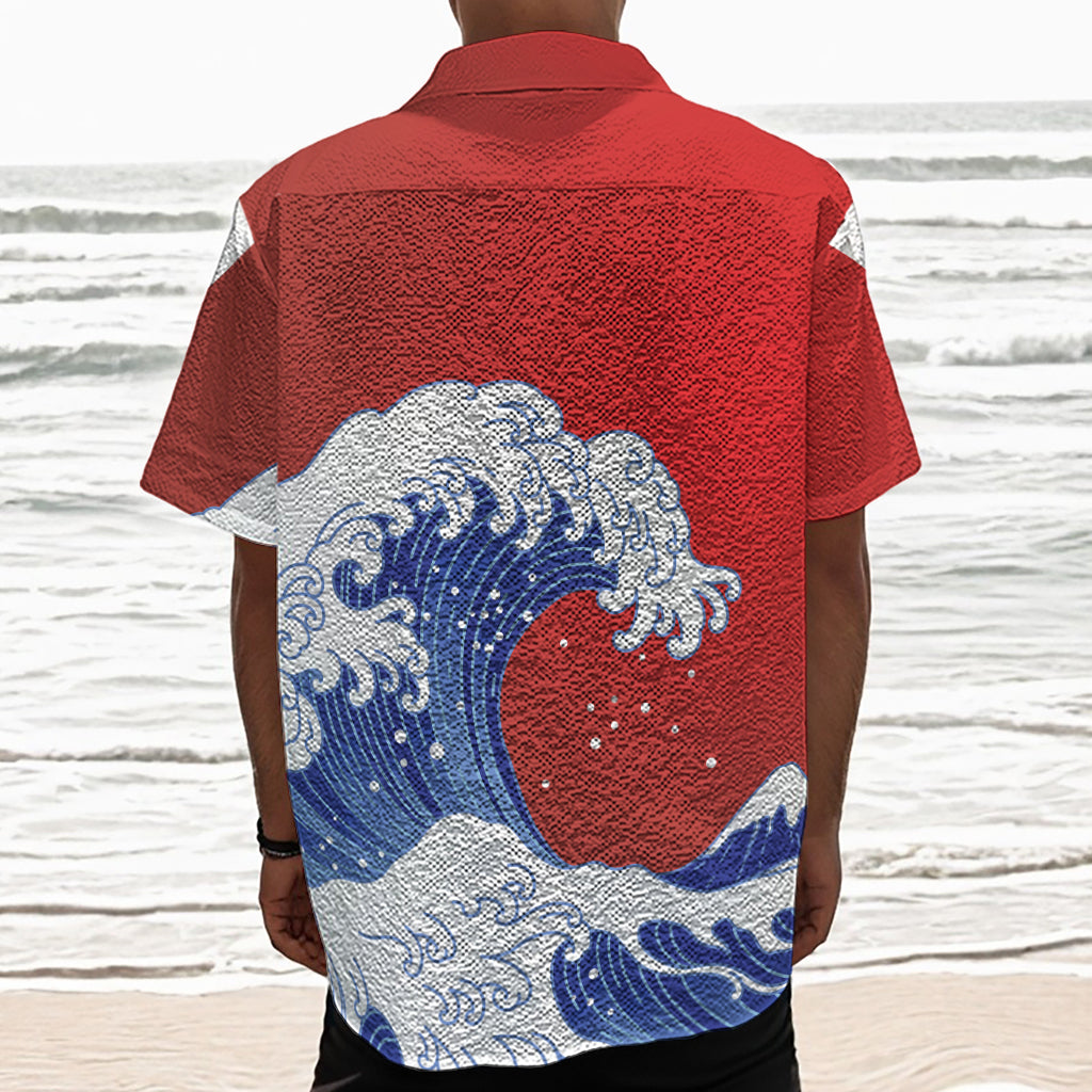 Red Sun Japanese Wave Print Textured Short Sleeve Shirt
