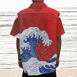 Red Sun Japanese Wave Print Textured Short Sleeve Shirt