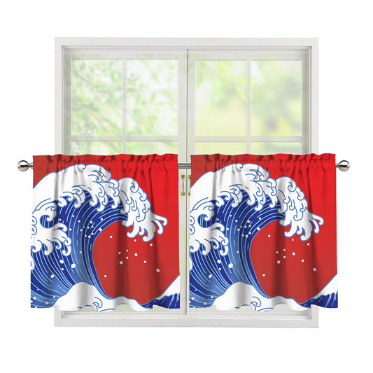 Red Sun Japanese Wave Print Tier Curtains