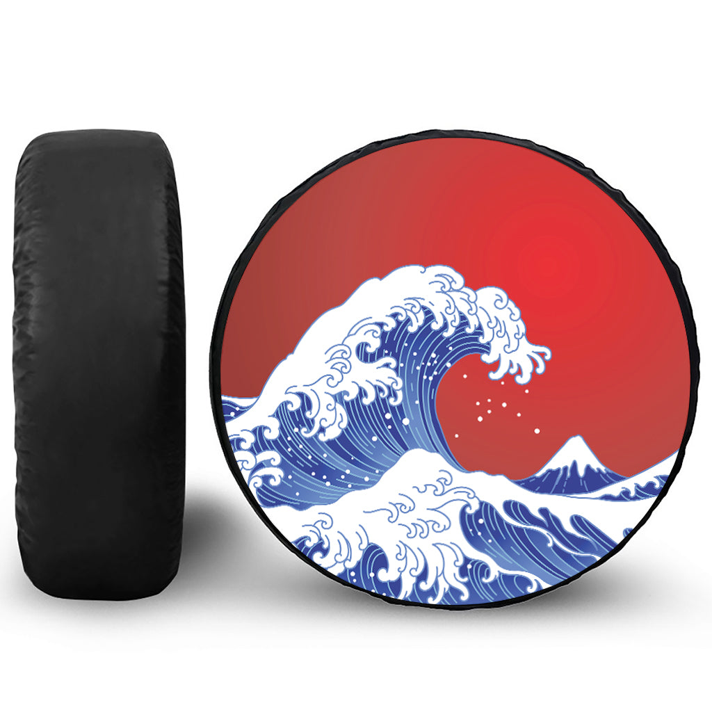 Red Sun Japanese Wave Print Tire Cover