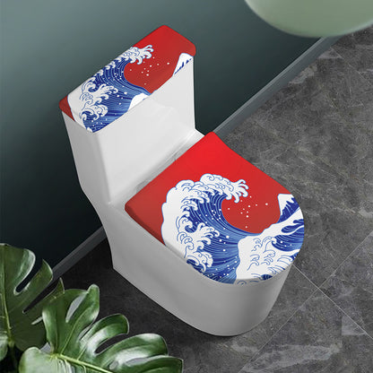 Red Sun Japanese Wave Print Toilet Lid And Tank Cover Set