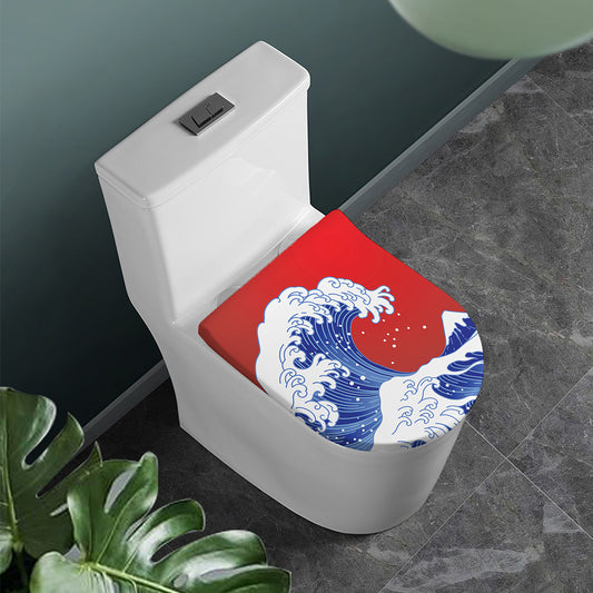 Red Sun Japanese Wave Print Toilet Lid Cover