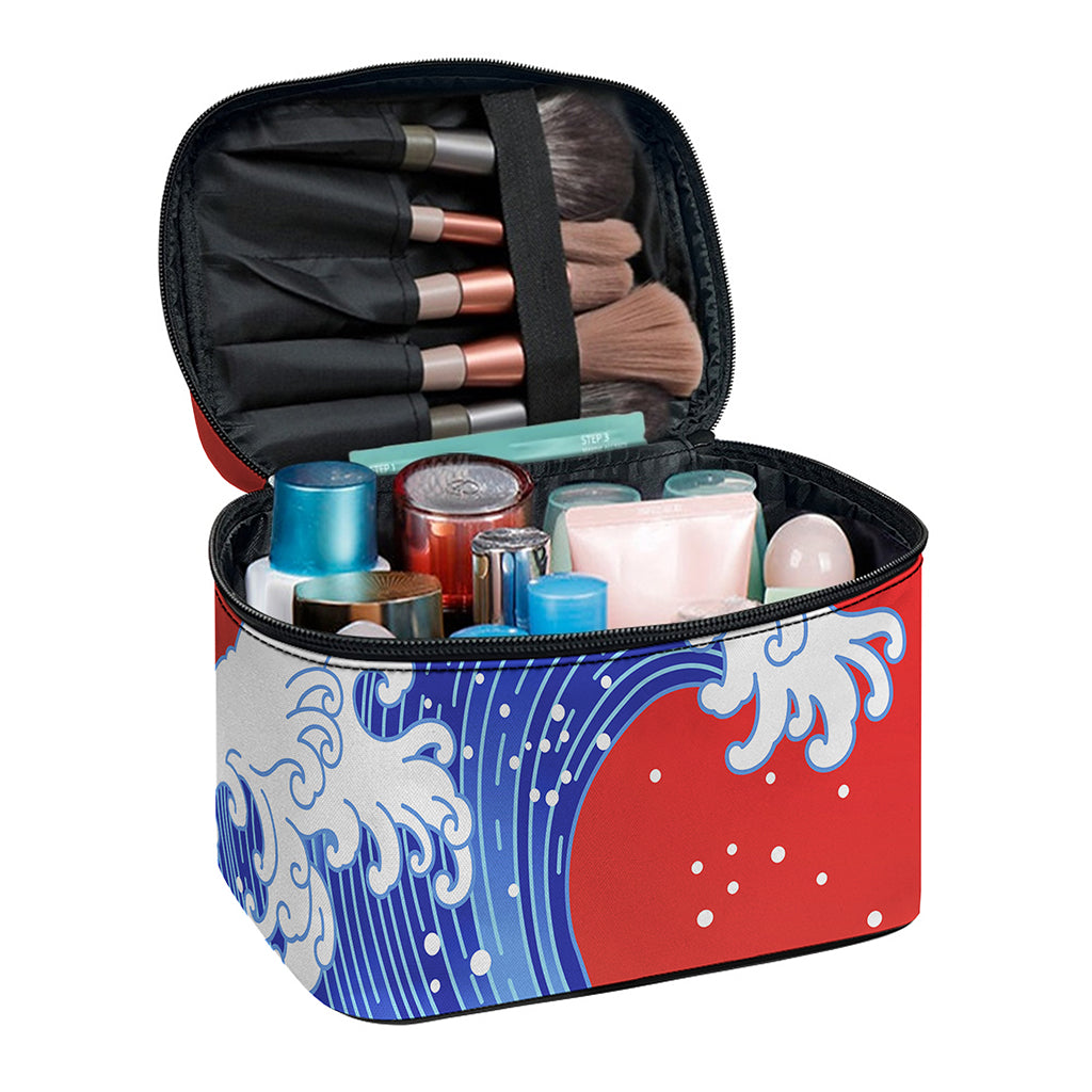 Red Sun Japanese Wave Print Travel Makeup Bag