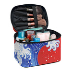 Red Sun Japanese Wave Print Travel Makeup Bag