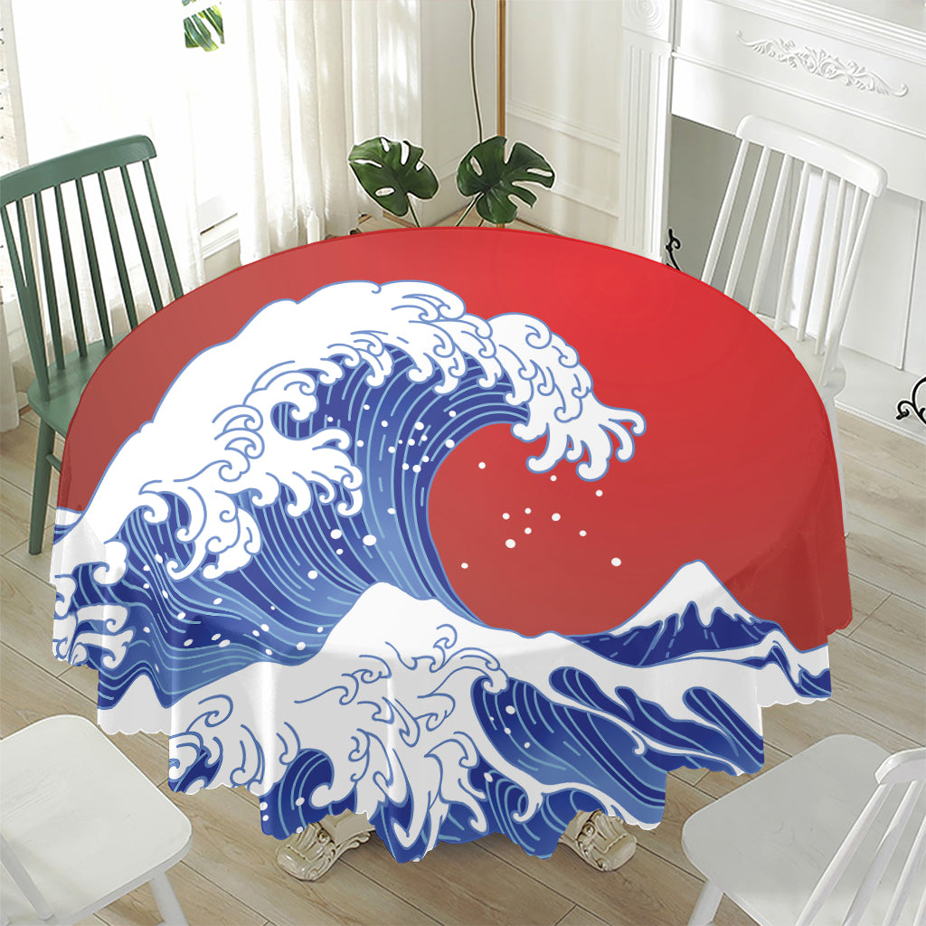 Red Sun Japanese Wave Print Waterproof Round Tablecloth
