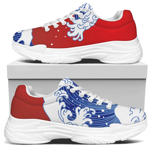 Red Sun Japanese Wave Print White Chunky Shoes