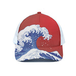 Red Sun Japanese Wave Print White Mesh Trucker Cap