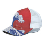 Red Sun Japanese Wave Print White Mesh Trucker Cap