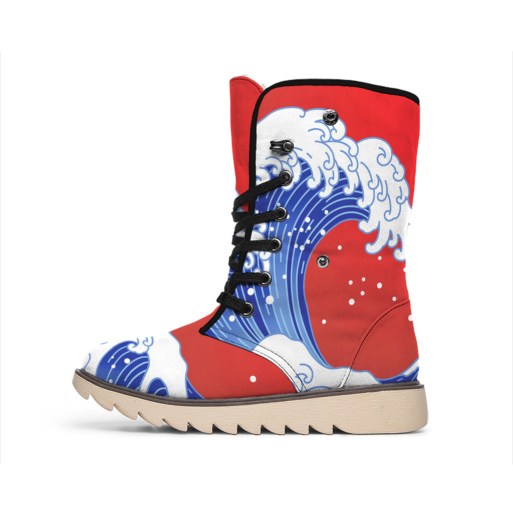 Red Sun Japanese Wave Print Winter Boots