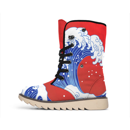 Red Sun Japanese Wave Print Winter Boots