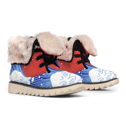 Red Sun Japanese Wave Print Winter Boots