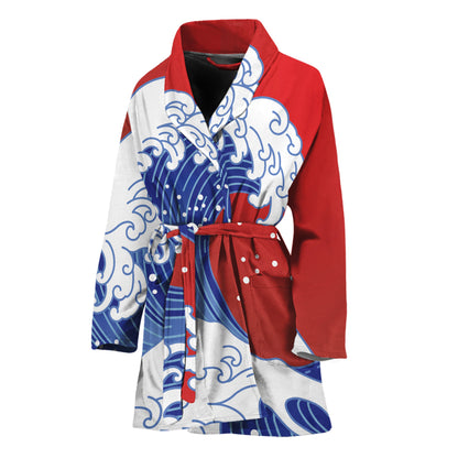 Red Sun Japanese Wave Print Women's Bathrobe