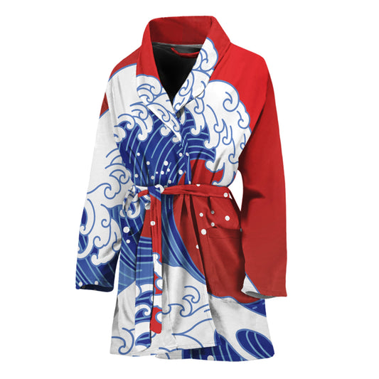 Red Sun Japanese Wave Print Women's Bathrobe
