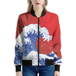 Red Sun Japanese Wave Print Women's Bomber Jacket