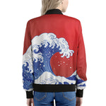 Red Sun Japanese Wave Print Women's Bomber Jacket