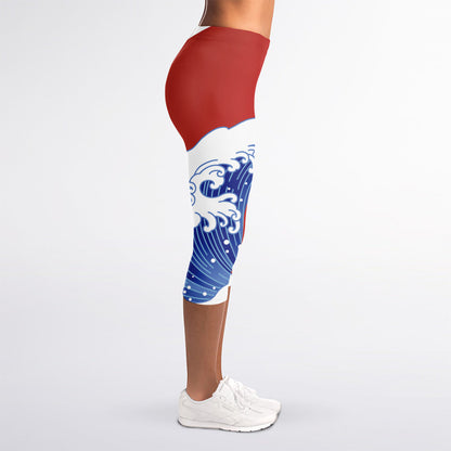 Red Sun Japanese Wave Print Women's Capri Leggings