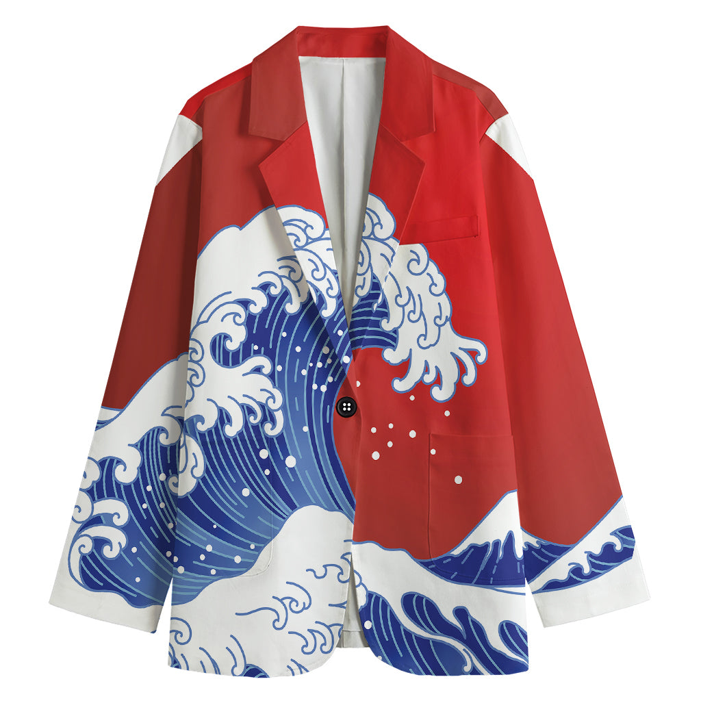 Red Sun Japanese Wave Print Women's Cotton Blazer