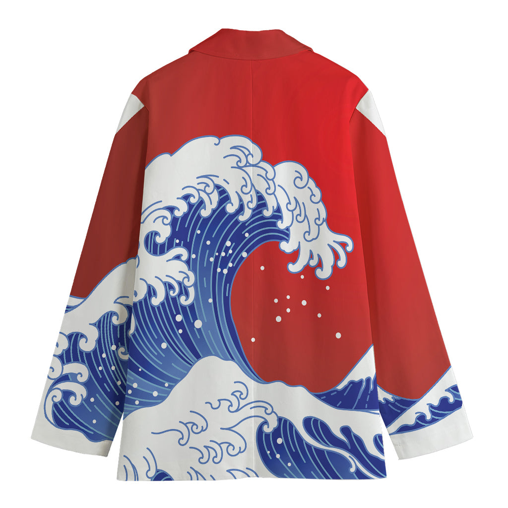 Red Sun Japanese Wave Print Women's Cotton Blazer