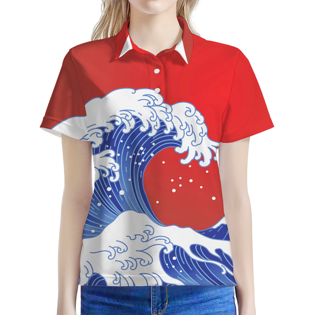 Red Sun Japanese Wave Print Women's Polo Shirt