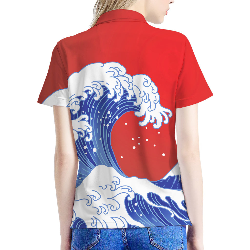 Red Sun Japanese Wave Print Women's Polo Shirt