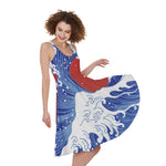 Red Sun Japanese Wave Print Women's Sleeveless Dress