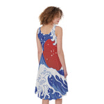 Red Sun Japanese Wave Print Women's Sleeveless Dress