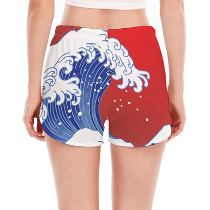 Red Sun Japanese Wave Print Women's Split Running Shorts