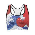 Red Sun Japanese Wave Print Women's Sports Bra