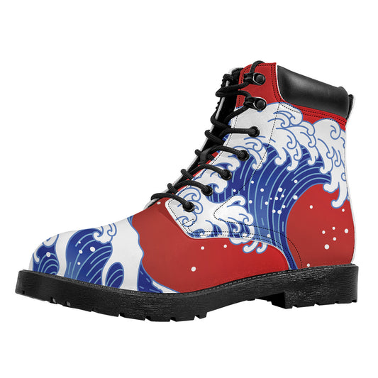 Red Sun Japanese Wave Print Work Boots