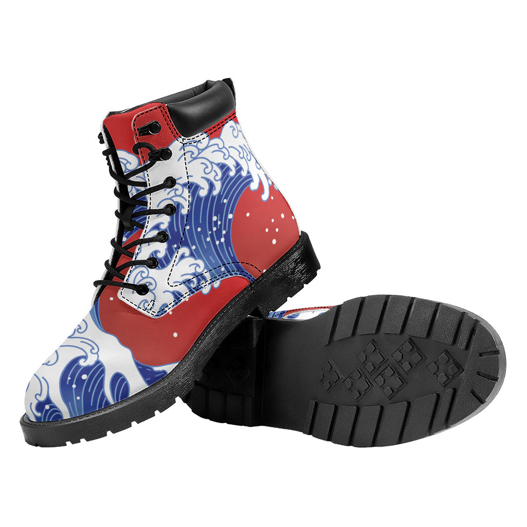 Red Sun Japanese Wave Print Work Boots