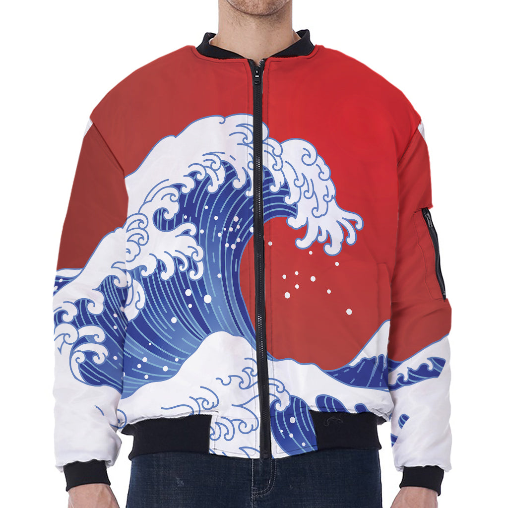 Red Sun Japanese Wave Print Zip Sleeve Bomber Jacket