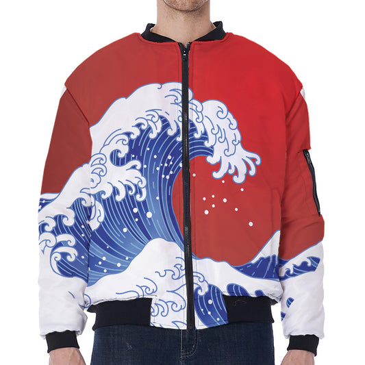 Red Sun Japanese Wave Print Zip Sleeve Bomber Jacket