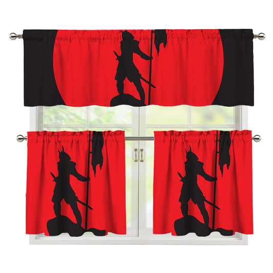 Red Sun Samurai Print 3 Piece Kitchen Curtains
