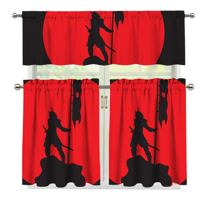 Red Sun Samurai Print 3 Piece Kitchen Curtains