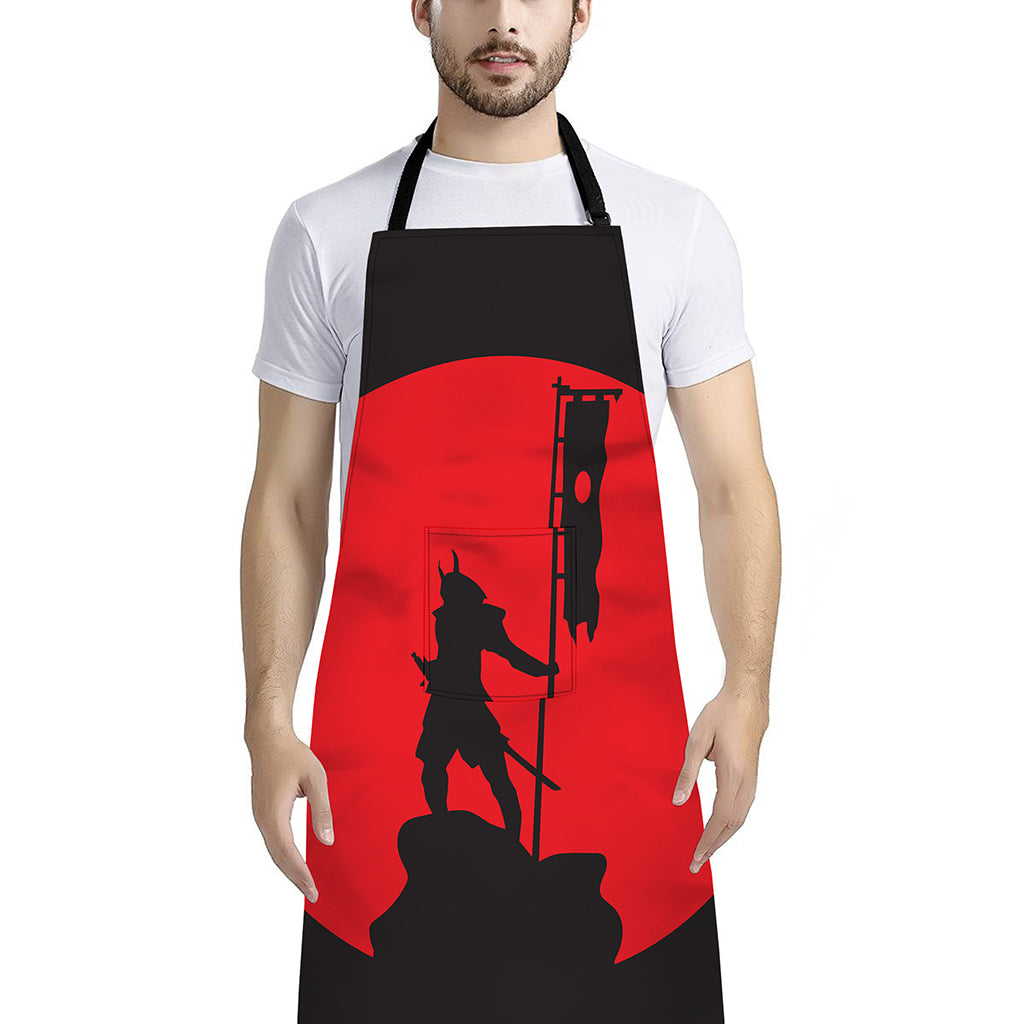 Red Sun Samurai Print Bib Apron With Pocket
