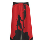 Red Sun Samurai Print Cotton Front Slit Maxi Skirt