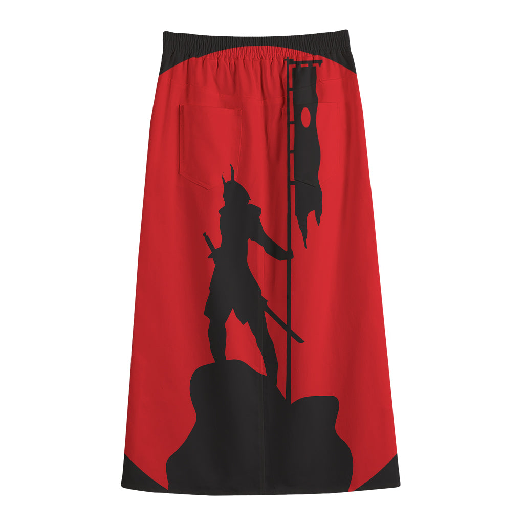 Red Sun Samurai Print Cotton Front Slit Maxi Skirt