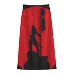 Red Sun Samurai Print Cotton Front Slit Maxi Skirt