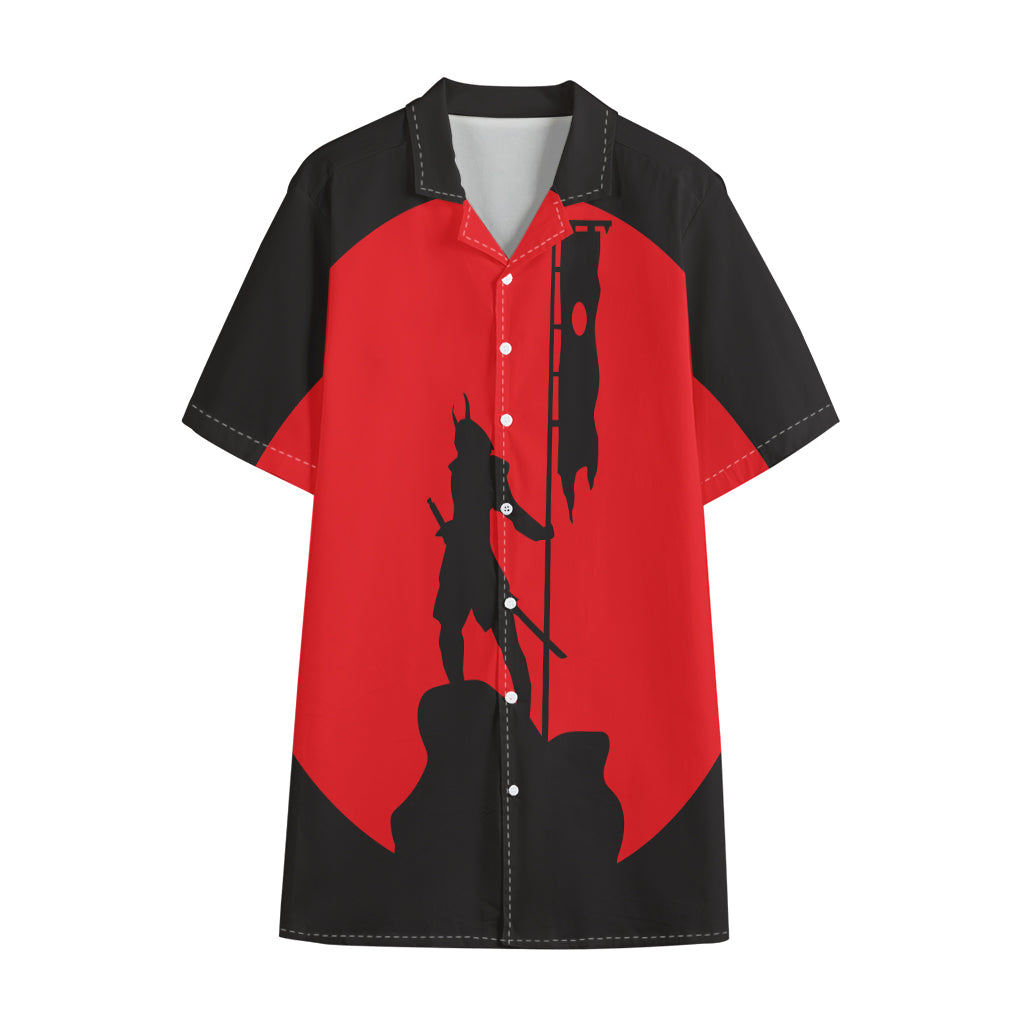 Red Sun Samurai Print Cotton Hawaiian Shirt