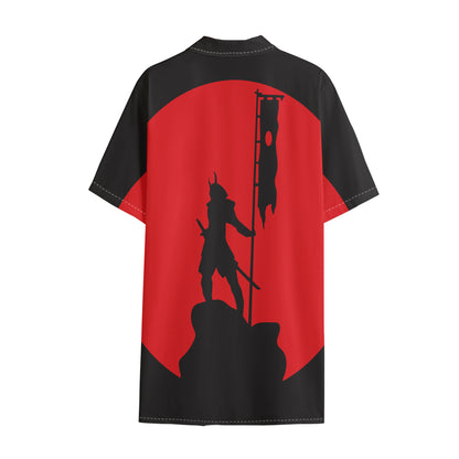 Red Sun Samurai Print Cotton Hawaiian Shirt