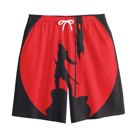 Red Sun Samurai Print Cotton Shorts