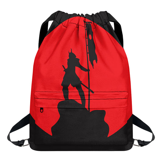 Red Sun Samurai Print Drawstring Backpack