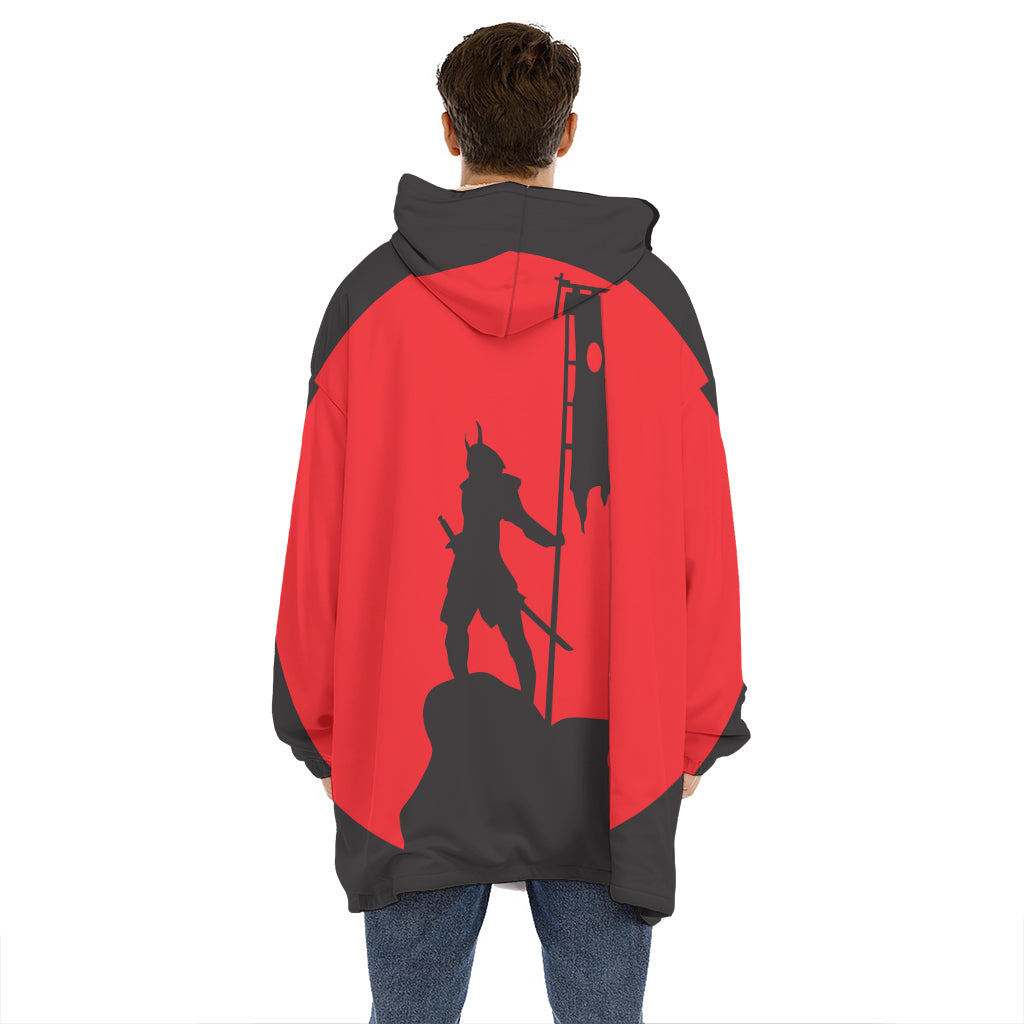 Red Sun Samurai Print Hoodie Blanket