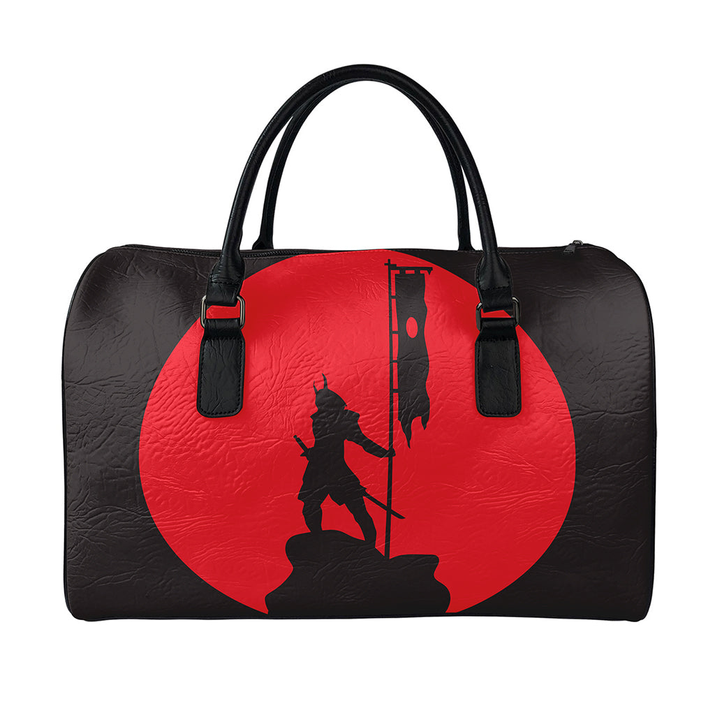 Red Sun Samurai Print Leather Duffle Bag