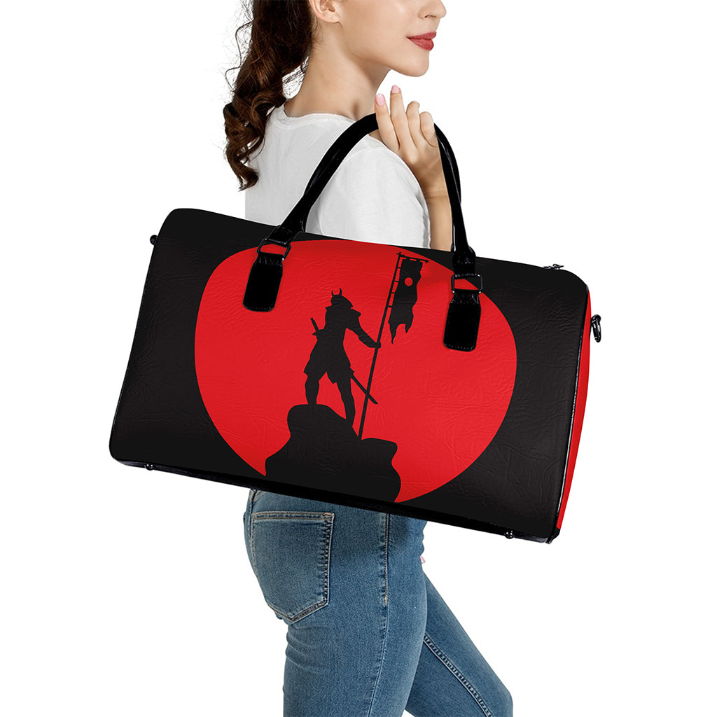Red Sun Samurai Print Leather Duffle Bag