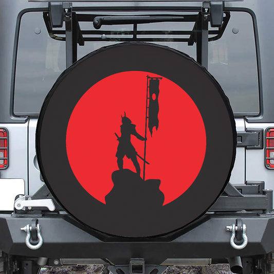 Red Sun Samurai Print Leather Spare Tire Cover