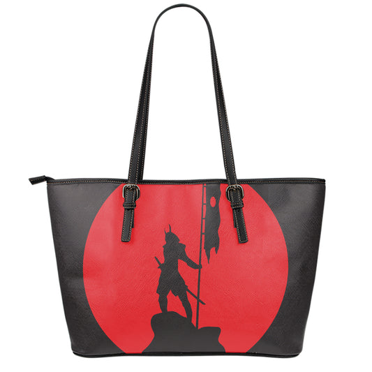 Red Sun Samurai Print Leather Tote Bag