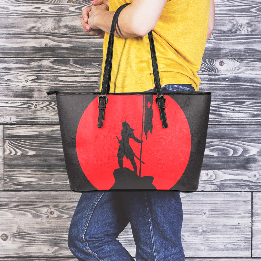 Red Sun Samurai Print Leather Tote Bag
