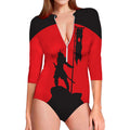 Red Sun Samurai Print Long Sleeve Swimsuit